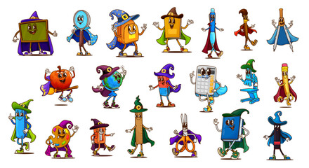 Halloween groovy school supply characters of retro hippie stationery vector personages in witch and wizard hats. Cartoon y2k book, pencil, pen and ruler. Funny groovy globe and calculator characters