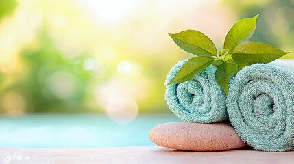 A tranquil spa scene featuring two rolled teal towels placed on a smooth stone, adorned with a fresh green leaf, set against a blurred natural backdrop.