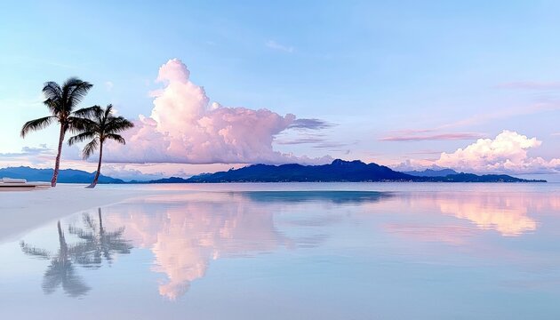 A tranquil tropical beach scene at sunrise, featuring two palm trees on white sand, a calm ocean reflecting the sky, and a distant mountain range.