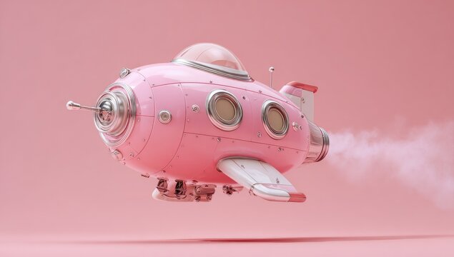 Pink, futuristic, cartoon spaceship, flying, on pink background