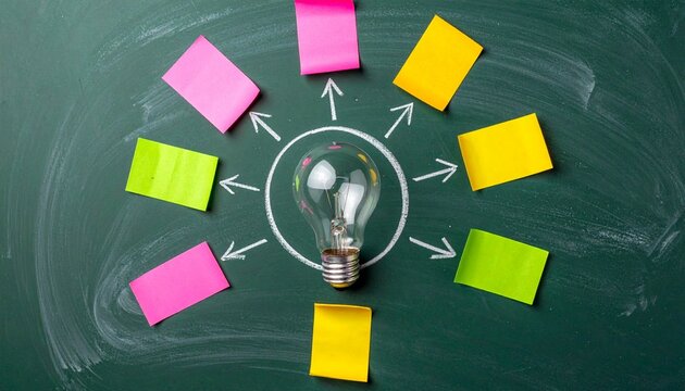 中心に電球を置いた付箋の配置がビジネスの発想を象徴する構図