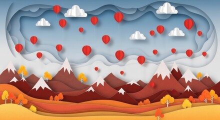 Layered paper artwork displaying mountains with red air balloons and white clouds