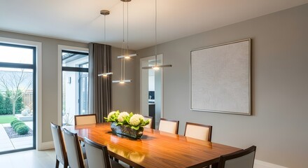 Modern dining room with elegant wooden table and bright decor