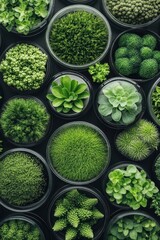 Diverse green plants in containers showing cellular structure and growth patterns of biological research.