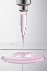 Liquid drops from scientific instrument into pink fluid, close up, research lab equipment, scientific process, precision, fluid dynamics, sterile environment.