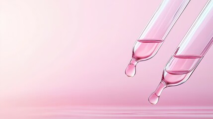 Two glass droppers with pink liquid falling, representing biotechnology research and liquid science.