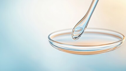 Clear liquid dropping from pipette into laboratory petri dish for research and analysis.