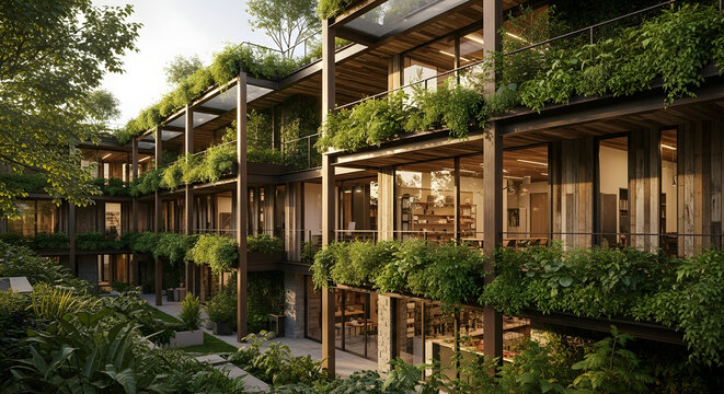 A tranquil residential complex embodying Sustainable Modern Architecture with lush green vertical gardens and biophilic design principles