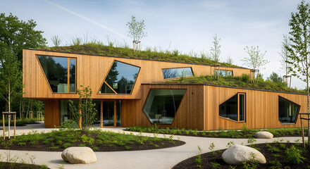 An innovative example of Sustainable Modern Architecture featuring a unique wooden facade, angular windows, and a lush living roof