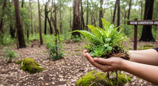 Hands holding plants with forest background in nature area sign