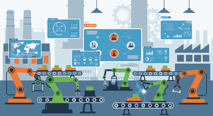 Automated factory assembly line with robotic arms assembling products, monitored by digital interfaces, with factory background.