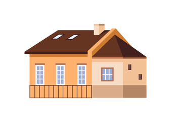 Cute residential building exterior. Facade of countryside house with chimney on roof. Suburb lodge, little rural cottage. Village architecture. Flat isolated vector illustration on white background.