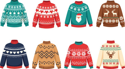 Set of Ugly Christmas Sweaters Vector Collection with Festive Holiday Patterns, Santa Claus, and Reindeer Design Elements