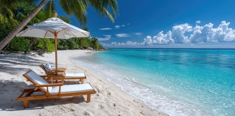 a tropical beach scene with two wooden sun loungers under an umbrella, palm trees hanging overhead, and white sand stretching out to the ocean on a sunny day.