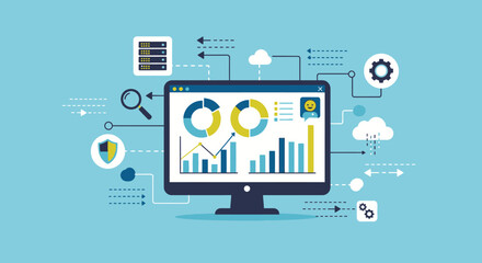 Illustration of data analysis on a computer screen with charts, graphs, and connected icons representing cloud services and security.