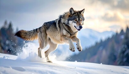 Naklejka premium Leaping wolf in snowy wilderness with extended limbs and stark backdrop capturing motion and grace