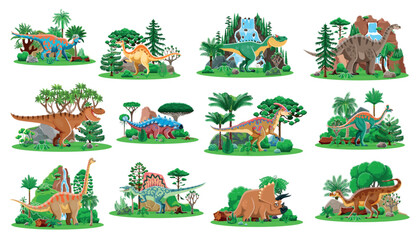 Naklejka premium Prehistoric dinosaur characters in natural landscape with lush greenery and rocks. Cartoon vector species of ancient reptile creatures, Jurassic era animals in jungle forest with plants and waterfalls