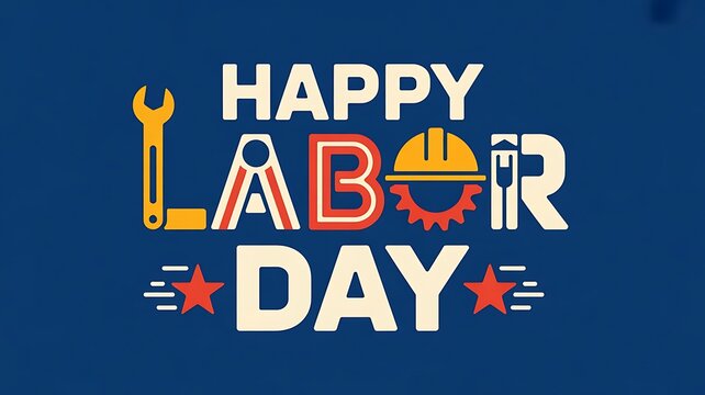 Happy labor day greeting card with construction tools and stars on a blue background for social media post