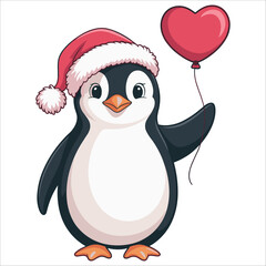 Cute penguin wearing a santa hat holding a heart balloon isolated on