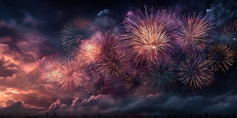 A breathtaking display of fireworks illuminating the night sky creating an enchanting and vibrant atmosphere for the New Year celebration