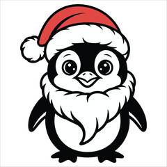 Cartoon penguin wearing a santa hat and beard isolated on