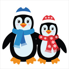 Two penguins wearing hats and scarves isolated on illustration