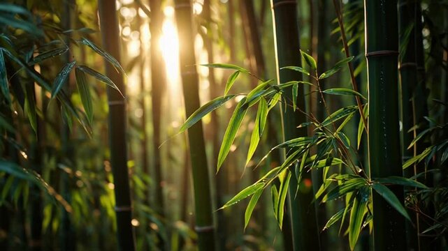 Sunlight filtering through a vibrant green bamboo forest creating a serene and natural atmosphere.