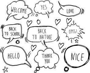 Set of hand-drawn black speech bubbles with playful phrases like “WELCOME,” “LOVE,” “HELLO,” and more. Fun doodle collection perfect for stickers, posters, school designs, and creative projects.
