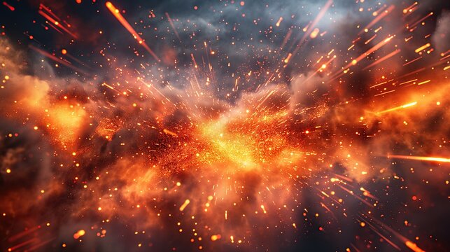 Abstract background of an explosion with sparks and smoke orange fire particles in the air and sparks flying from a large thunderstorm lightning in space