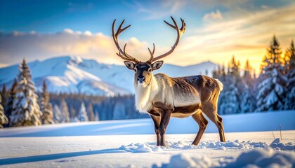 Reindeer with large antlers in snowy landscape at sunrise with pine trees and mountain peaks