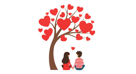 An adorable couple finds solace and connection under a whimsical tree adorned with vibrant heart-shaped leaves, symbolizing enduring love and romantic devotion in a tender, illustrative scene