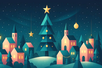 Fototapeta premium Cozy Christmas Village – Geometric Houses & Starlit Holiday Tree
