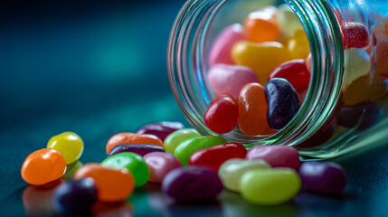 A glass jar tipped over spilling colorful jelly beans onto a dark surface with a blue background
