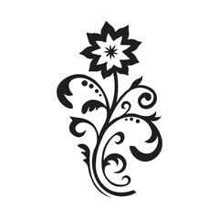 Elegant black floral ornament with a decorative flower and swirling leaves. Perfect for design projects, tattoos, logos, and decorative artwork