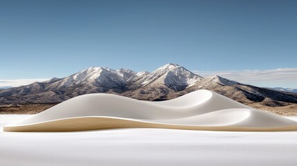 A stark landscape featuring smooth, white sand dunes in the foreground with snow-capped mountains in the background under a bright blue sky.