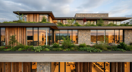 Sustainable Modern Architecture showcased in an eco-friendly building with a lush green roof, wood siding, and large glass windows at twilight