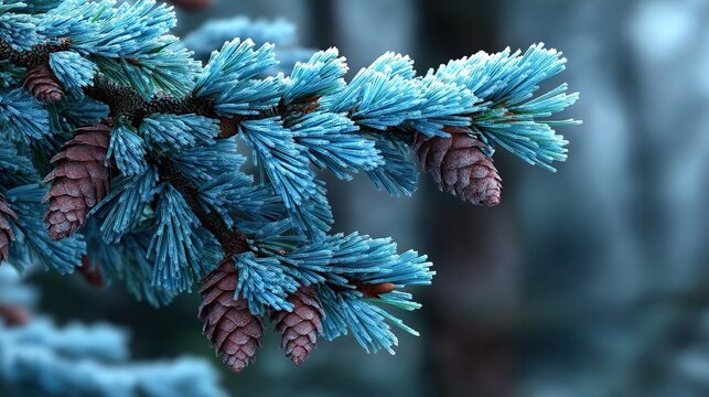 Close up of blue spruce tree branches with frost covered cones against a winter landscape background - Powered by Adobe