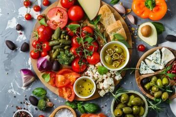 Colorful assortment of fresh vegetables and cheese on a wooden platter