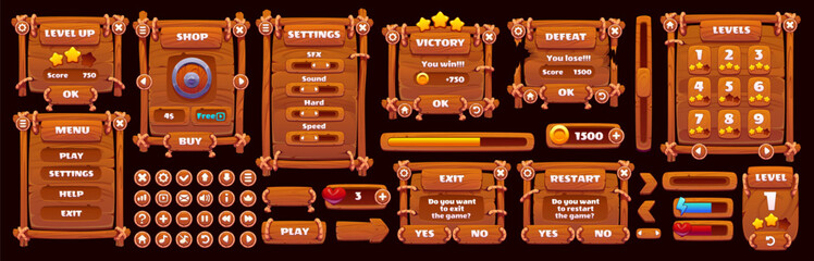 Wooden game interface with wood, ropes, carved planks, vector GUI asset. Wooden menu and shop, rewards, victory defeat screen, interface setting and buttons. Game progress wood bar and level selection © Vector Tradition