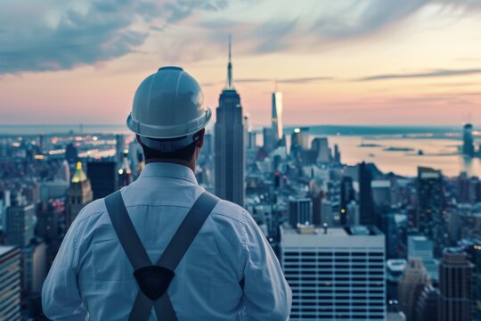 Adult man in hard hat looking at city skyline during sunset