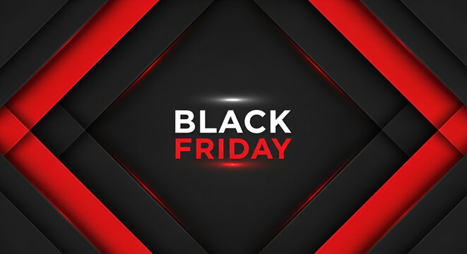Black friday text with red and black abstract geometric shapes background for promotional sale event design
