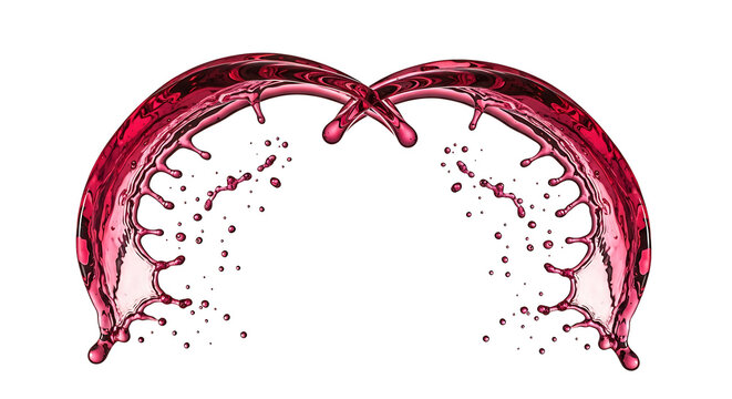 Vibrant red liquid splashes colliding gracefully, forming a captivating symmetrical design with dynamic droplets, isolated on a clean white background, ideal for drinks and festive designs