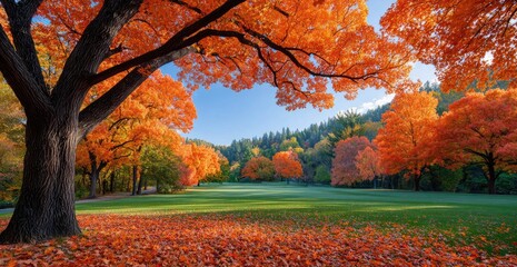 a picturesque autumn scene with vibrant trees and colorful leaves, creating an enchanting backdrop