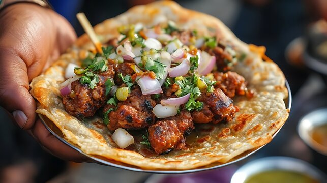 Hand holding Bihari kebab roll with onions and chutney wrapped in paratha