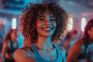 Young adult woman smiling joyfully in a fitness class