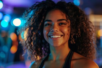 Fototapeta premium Young woman smiling in a vibrant gym environment