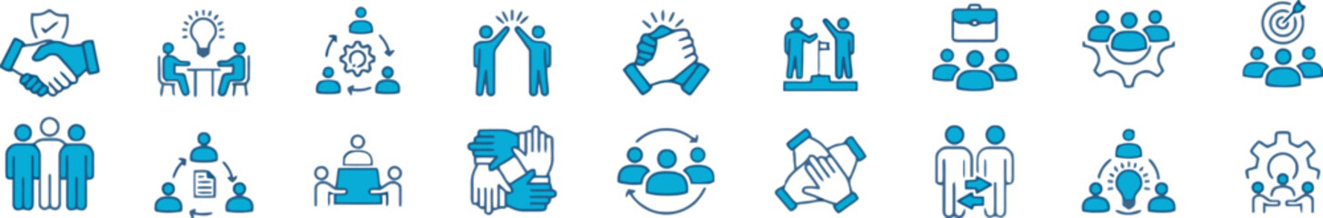 business, teamwork, icon, set, blue, people, handshake, meeting, idea, lightbulb, collaboration, strategy, workflow, partnership, agreement, success, team, group, management, leadership, communication