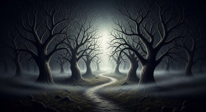 Dim forest path with leafless trees under misty light, creating an eerie atmosphere, symbolizing solitude and mystery, suitable for thriller concepts