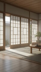 Traditional Japanese Room with Shoji Screens Open to a Courtyard Garden and Bonsai Tree Detail Sunlight and Shadows Across Tatami Floor