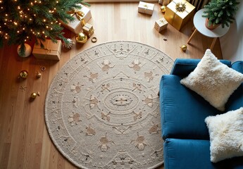 Top-down shot of a festive living room with round wool rug, blue velvet sofa, gold ornaments, wrapped gifts and lit tabletop tree.  